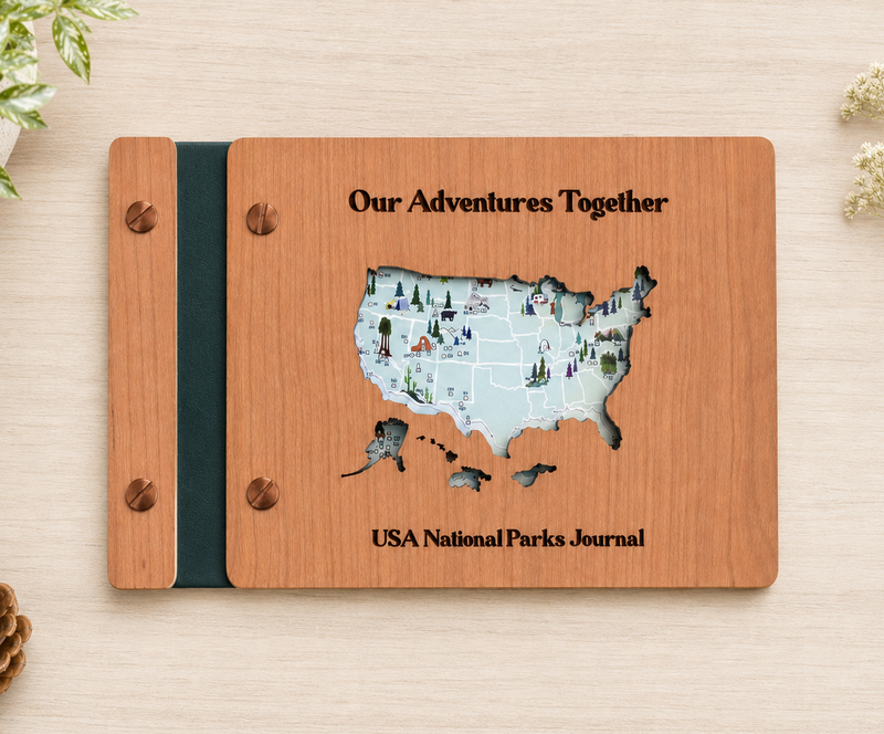 Personalized America National Parks Adventure Book, Wooden Travel Journal & Photo Album, Gift for Hikers