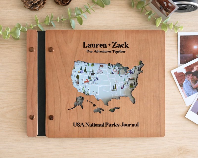 Personalized USA National Parks Adventure Book, Wooden Travel Journal & Photo Album, Gift for Hikers