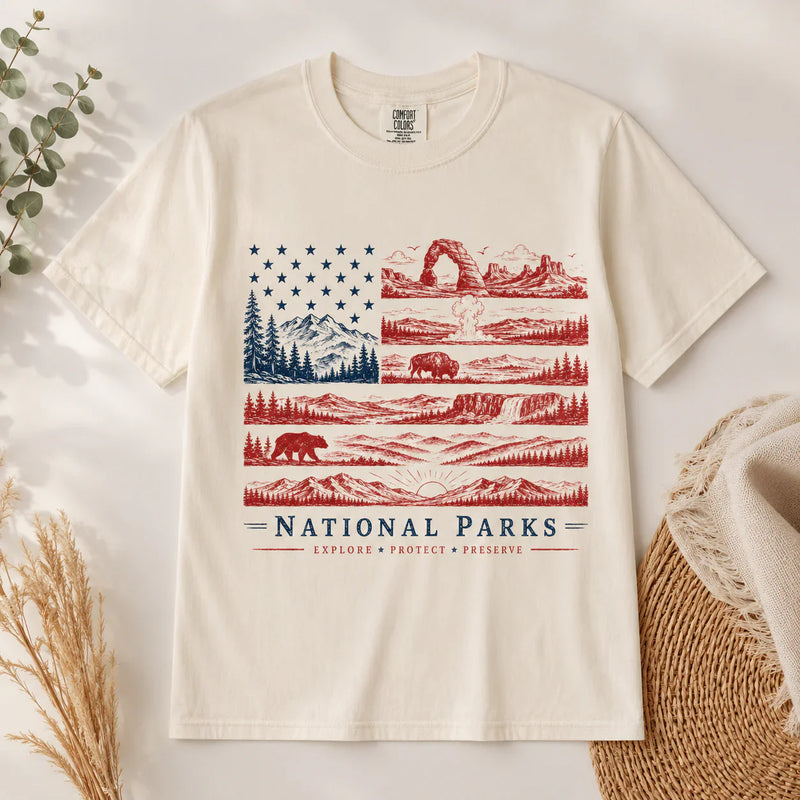 National Parks Comfort Color T-shirt, America Flag National Park Tee For Wildlife Lover