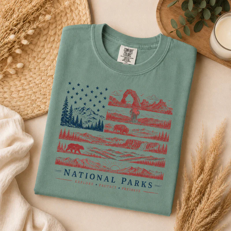 National Parks Comfort Color T-shirt, America Flag National Park Tee For Wildlife Lover