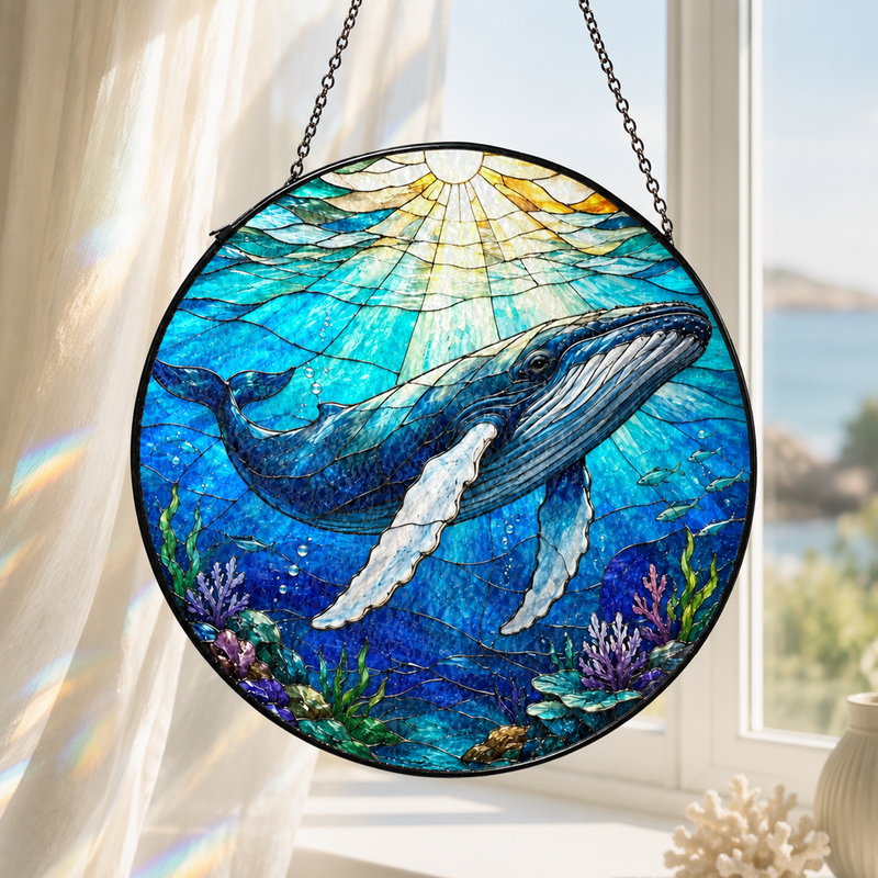 Humpback Whale Stained Glass Suncatcher, Ocean Window Hanging Decor, Gift for Whale Lovers