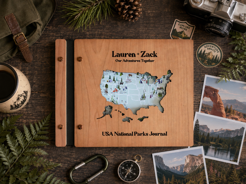 Personalized USA National Parks Adventure Book, Wooden Travel Journal & Photo Album, Gift for Hikers