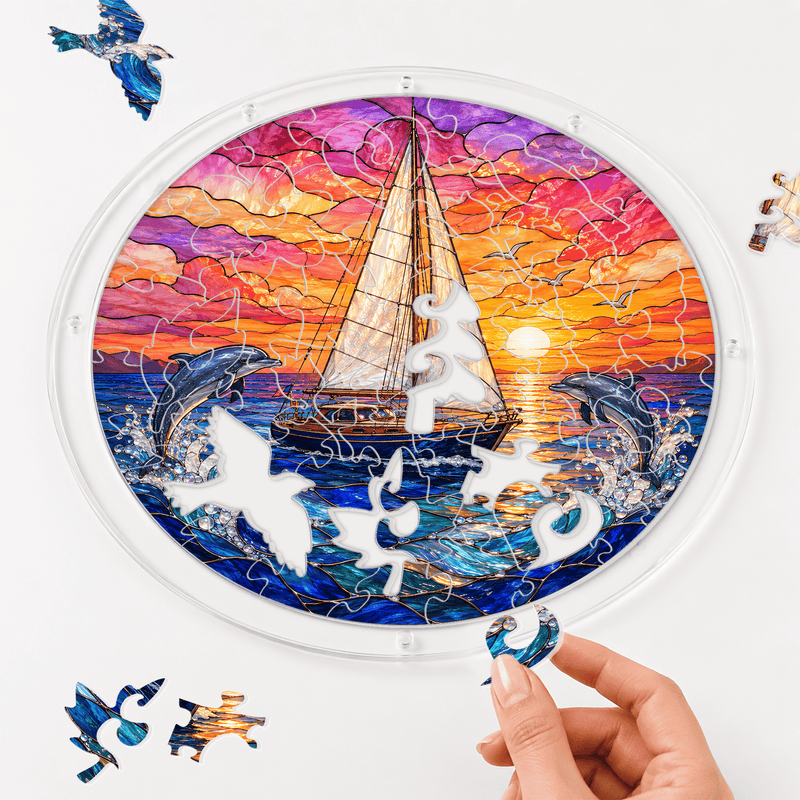Sailboat Acrylic Puzzle Suncatcher, Ocean Window Decor, Dolphin Lover Gift