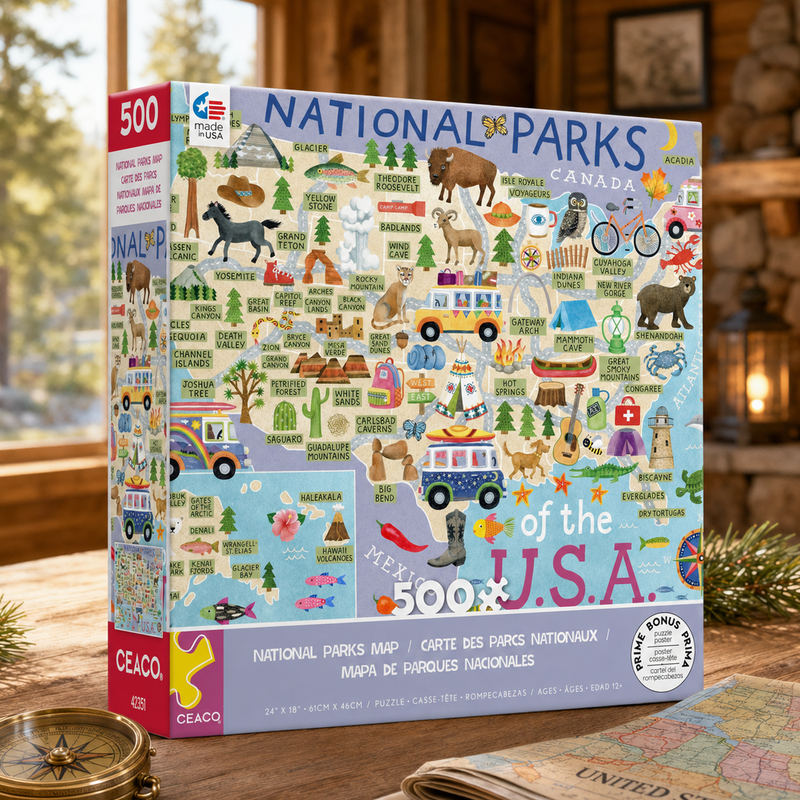 National Parks Puzzle for Adults, 500 Piece USA Map Jigsaw Puzzle, Travel Gift