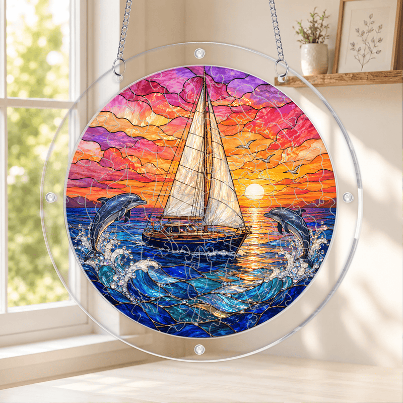 Sailboat Acrylic Puzzle Suncatcher, Ocean Window Decor, Dolphin Lover Gift