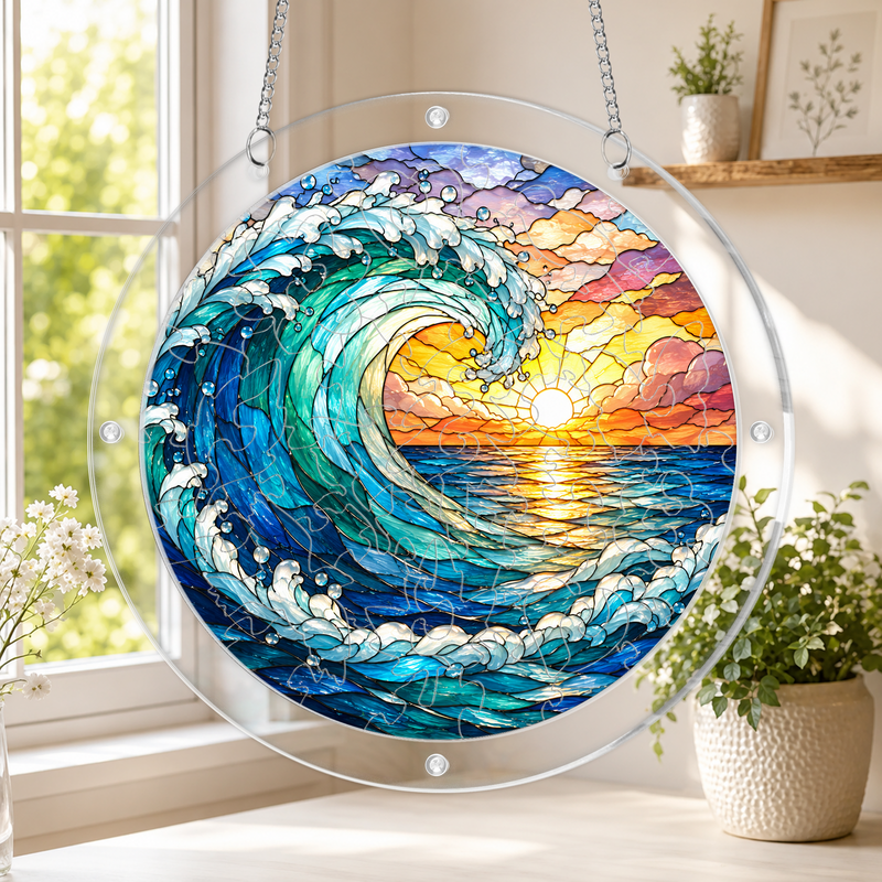 Ocean Wave Acrylic Puzzle Suncatcher, Coastal Window Hanging Decor, Gift for Beach Lovers