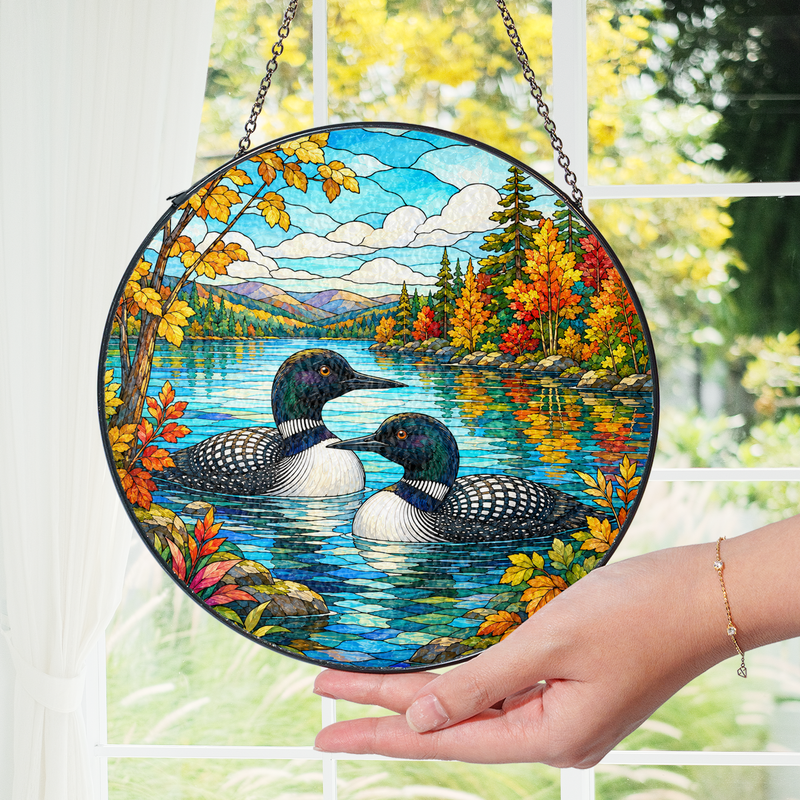 Loon Couple Stained Glass Suncatcher, Lake House Window Decor, Gift for Bird Lovers
