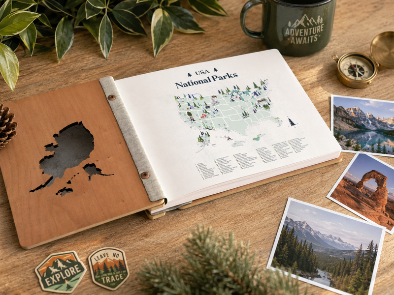 Personalized America National Parks Adventure Book, Wooden Travel Journal & Photo Album, Gift for Hikers