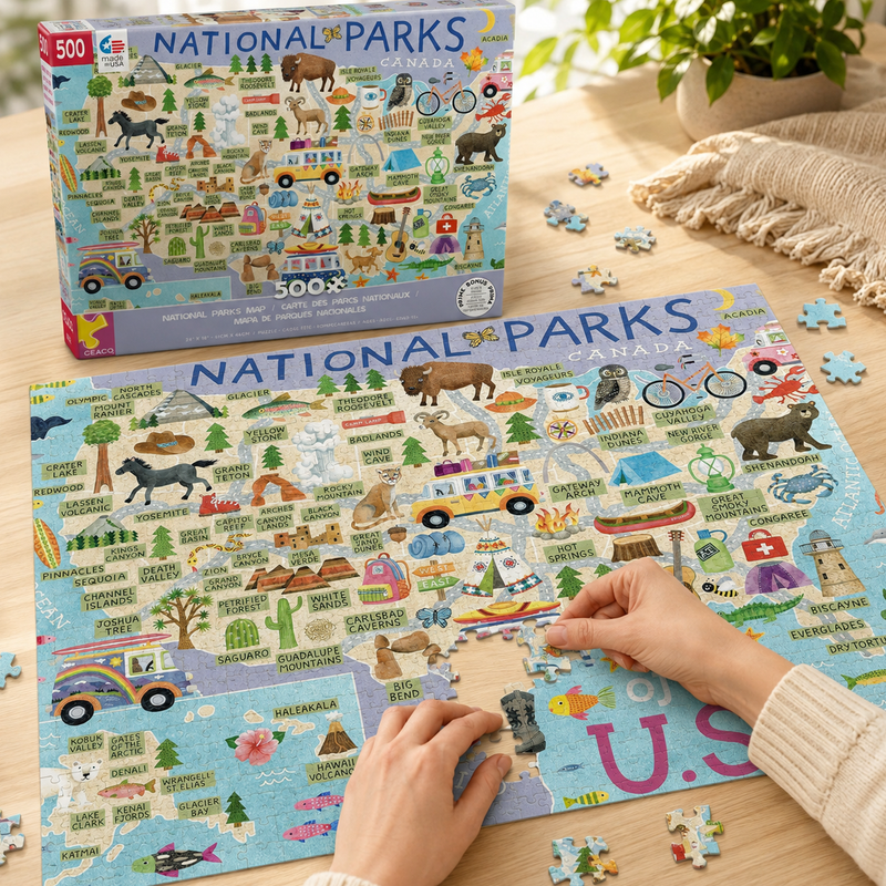 National Parks Puzzle for Adults, 500 Piece USA Map Jigsaw Puzzle, Travel Gift