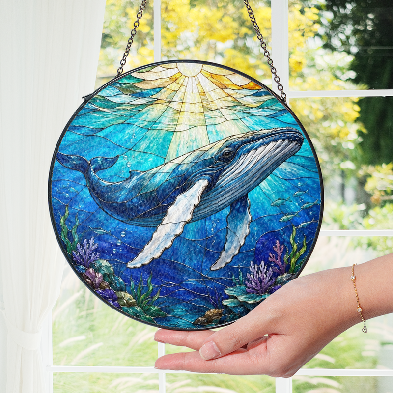 Humpback Whale Stained Glass Suncatcher, Ocean Window Hanging Decor, Gift for Whale Lovers