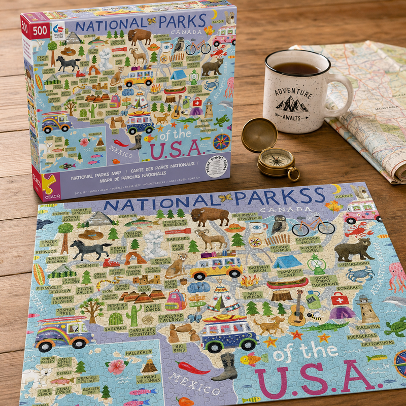 National Parks Puzzle for Adults, 500 Piece USA Map Jigsaw Puzzle, Travel Gift