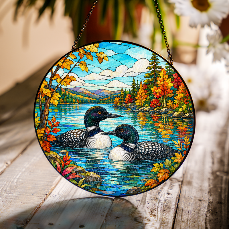 Loon Couple Stained Glass Suncatcher, Lake House Window Decor, Gift for Bird Lovers