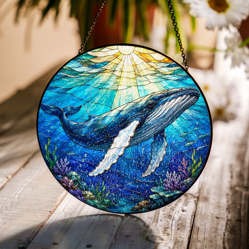 Humpback Whale Stained Glass Suncatcher, Ocean Window Hanging Decor, Gift for Whale Lovers