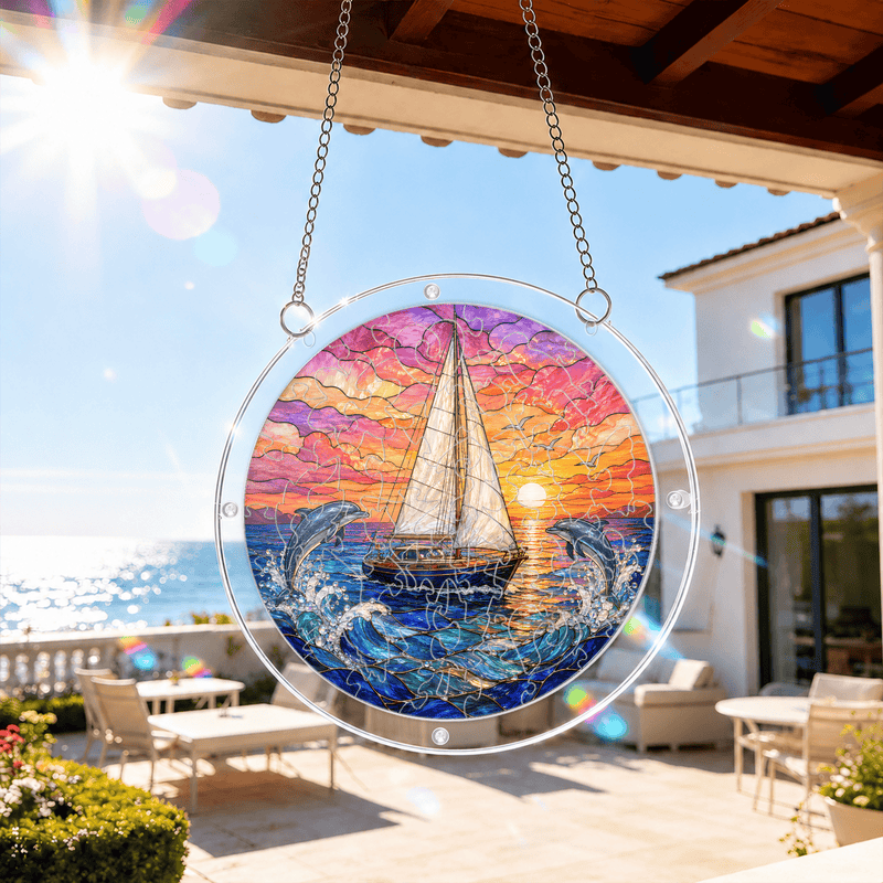 Sailboat Acrylic Puzzle Suncatcher, Ocean Window Decor, Dolphin Lover Gift