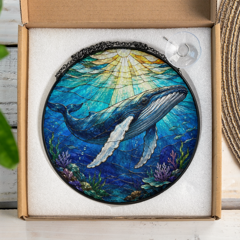 Humpback Whale Stained Glass Suncatcher, Ocean Window Hanging Decor, Gift for Whale Lovers