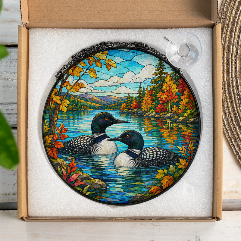 Loon Couple Stained Glass Suncatcher, Lake House Window Decor, Gift for Bird Lovers