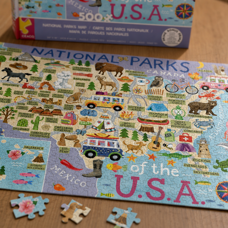 National Parks Puzzle for Adults, 500 Piece USA Map Jigsaw Puzzle, Travel Gift