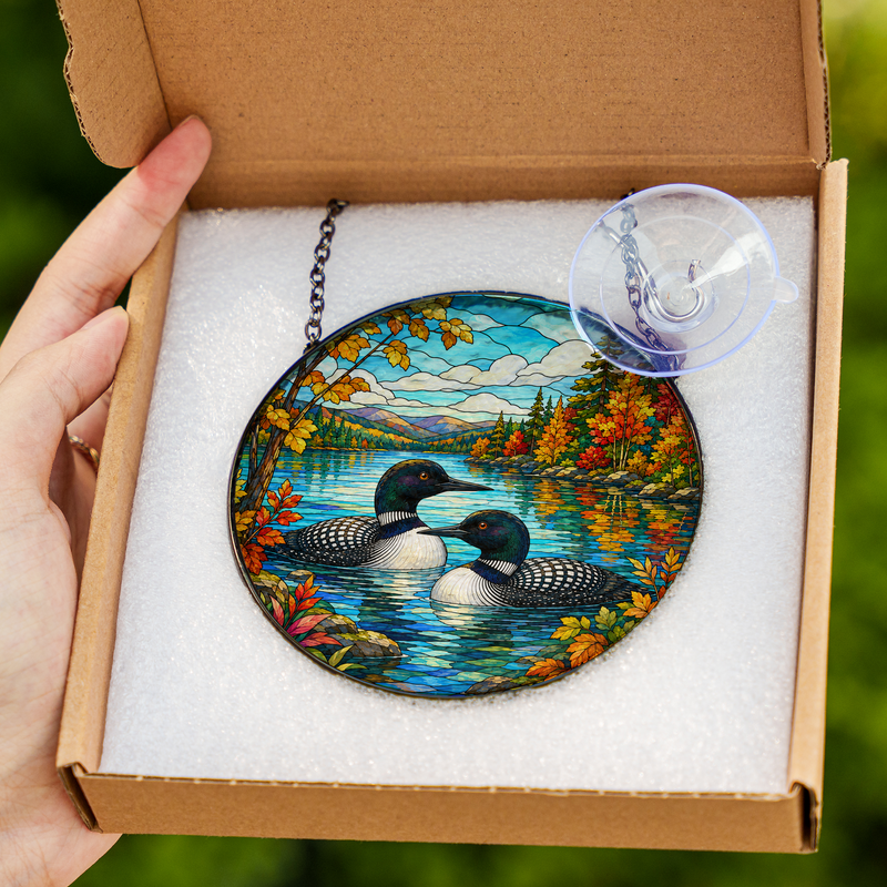 Loon Couple Stained Glass Suncatcher, Lake House Window Decor, Gift for Bird Lovers