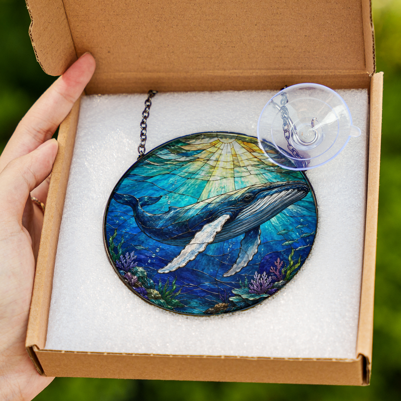 Humpback Whale Stained Glass Suncatcher, Ocean Window Hanging Decor, Gift for Whale Lovers