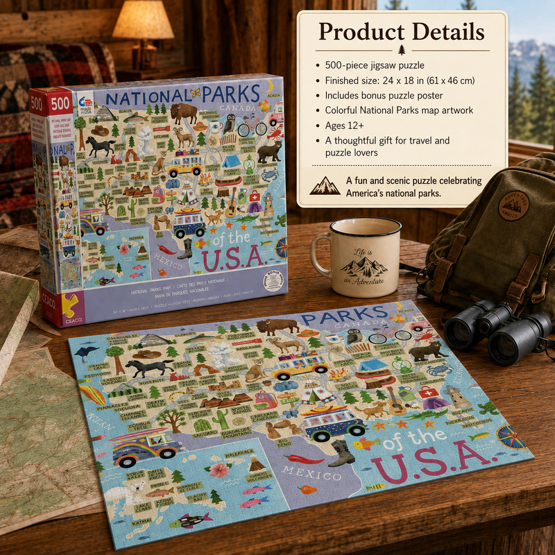 National Parks Puzzle for Adults, 500 Piece USA Map Jigsaw Puzzle, Travel Gift
