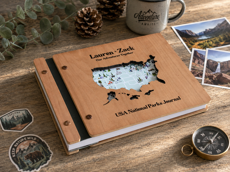 Personalized USA National Parks Adventure Book, Wooden Travel Journal & Photo Album, Gift for Hikers