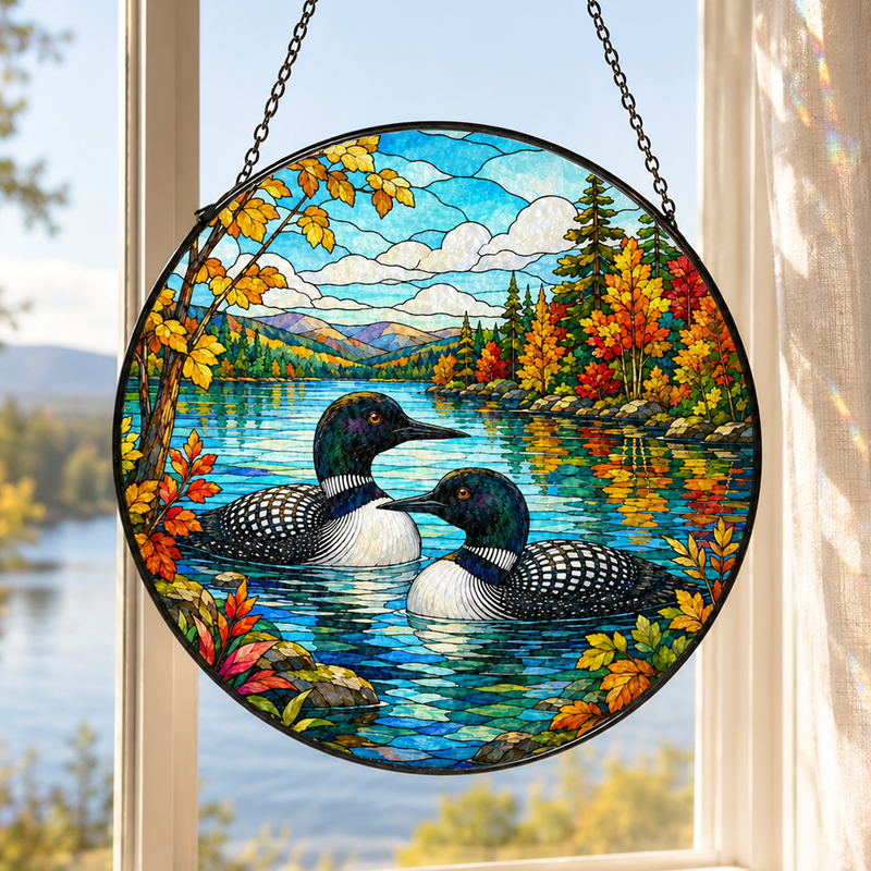 Loon Couple Stained Glass Suncatcher, Lake House Window Decor, Gift for Bird Lovers