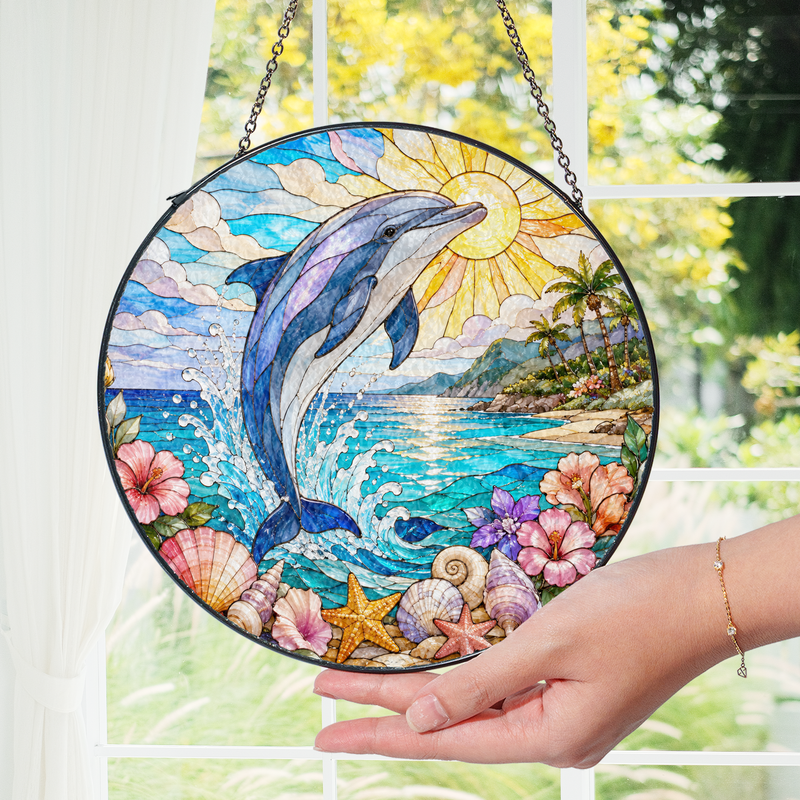 Dolphin Stained Glass Suncatcher, Tropical Beach Window Decor, Gift for Dolphin Lovers