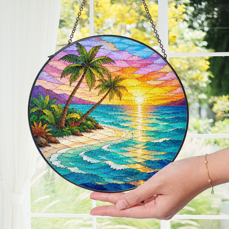 Tropical Beach Sunset Stained Glass Suncatcher, Palm Tree Window Decor, Gift for Beach Lovers