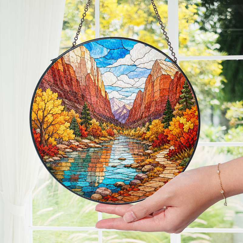 Zion National Park Stained Glass Suncatcher, Fall Mountain Window Hanging Decor, Nature Lover Gift