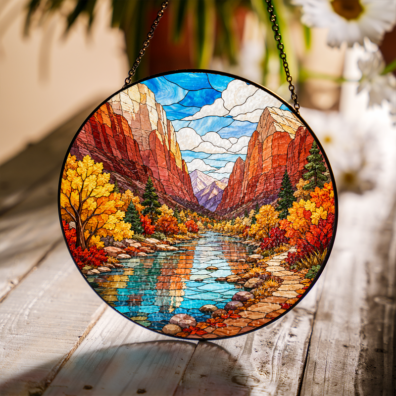 Zion National Park Stained Glass Suncatcher, Fall Mountain Window Hanging Decor, Nature Lover Gift