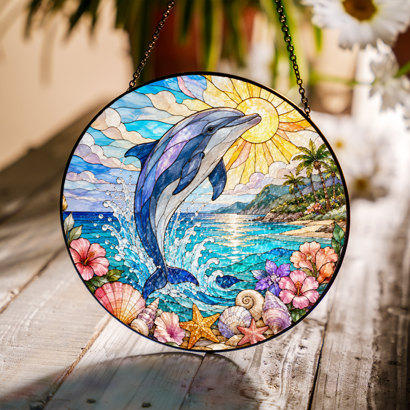 Dolphin Stained Glass Suncatcher, Tropical Beach Window Decor, Gift for Dolphin Lovers