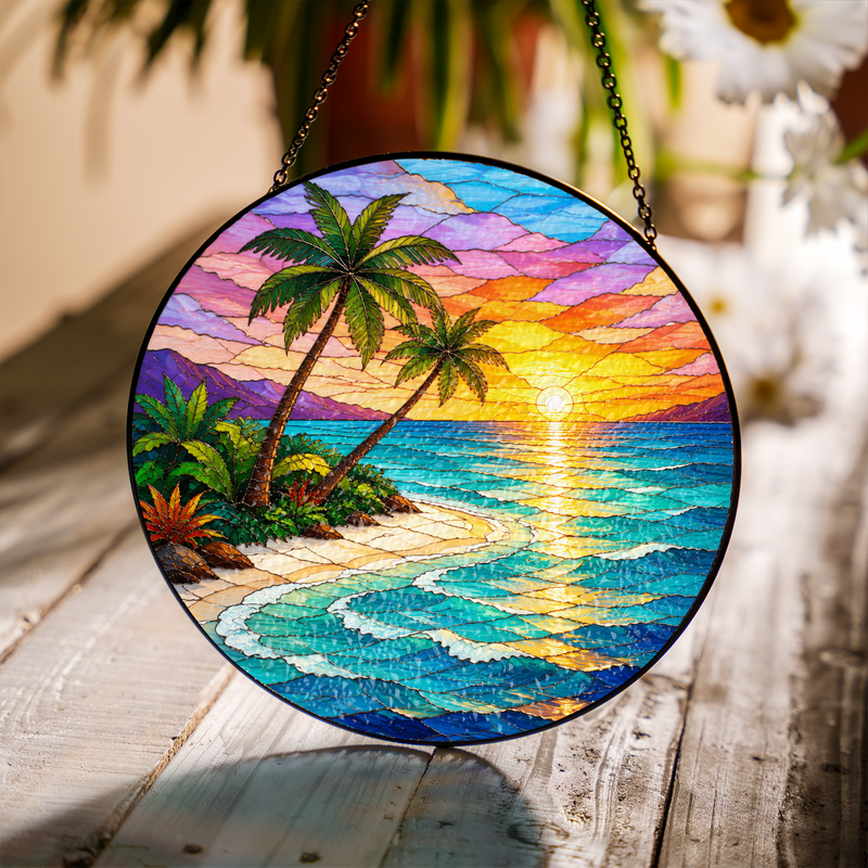 Tropical Beach Sunset Stained Glass Suncatcher, Palm Tree Window Decor, Gift for Beach Lovers