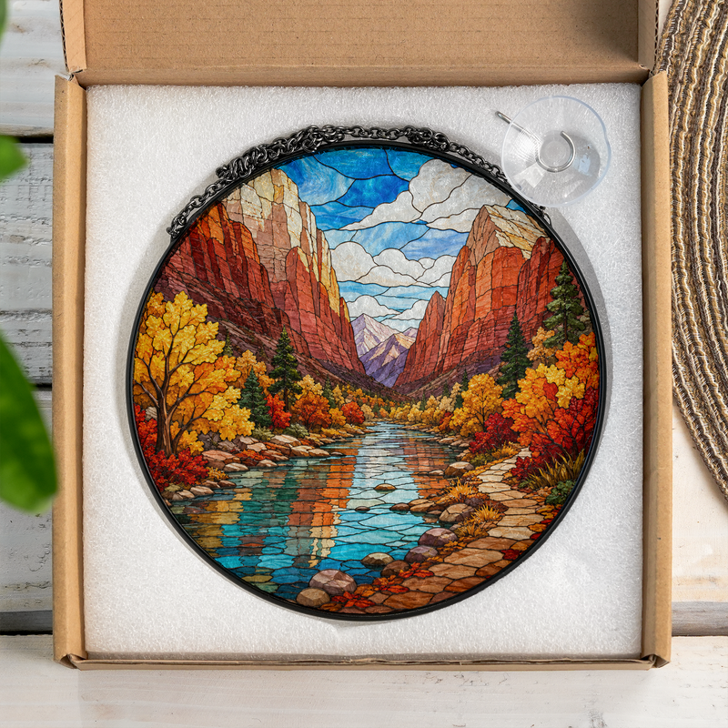 Zion National Park Stained Glass Suncatcher, Fall Mountain Window Hanging Decor, Nature Lover Gift