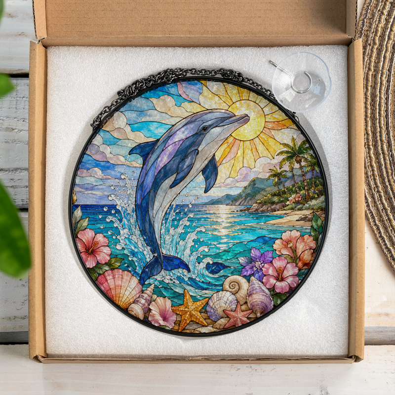 Dolphin Stained Glass Suncatcher, Tropical Beach Window Decor, Gift for Dolphin Lovers