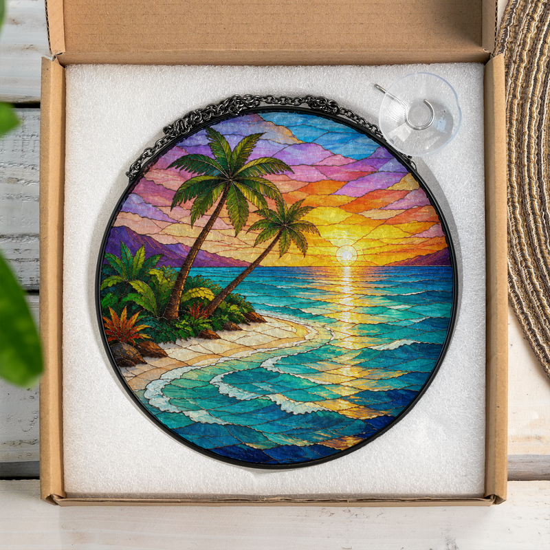 Tropical Beach Sunset Stained Glass Suncatcher, Palm Tree Window Decor, Gift for Beach Lovers