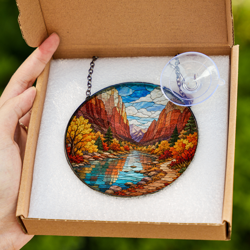 Zion National Park Stained Glass Suncatcher, Fall Mountain Window Hanging Decor, Nature Lover Gift