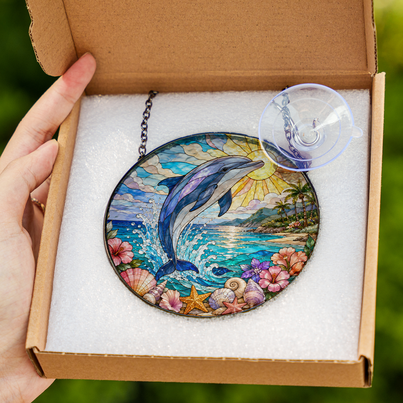 Dolphin Stained Glass Suncatcher, Tropical Beach Window Decor, Gift for Dolphin Lovers