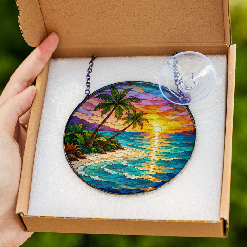 Tropical Beach Sunset Stained Glass Suncatcher, Palm Tree Window Decor, Gift for Beach Lovers