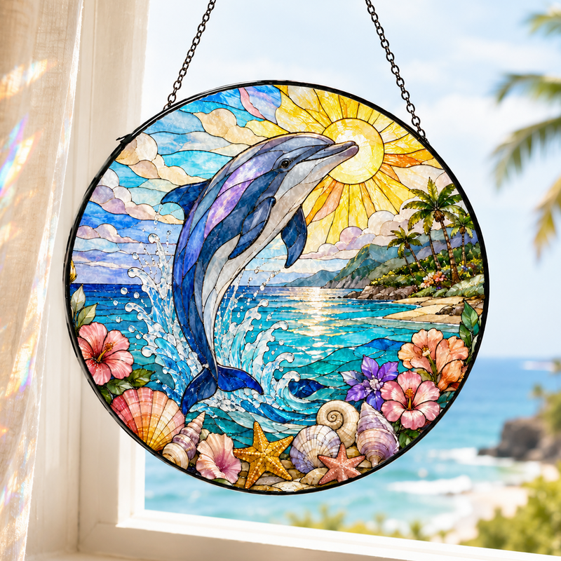 Dolphin Stained Glass Suncatcher, Tropical Beach Window Decor, Gift for Dolphin Lovers