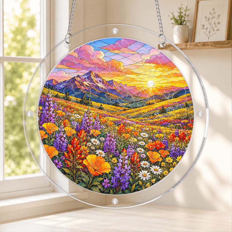 Mountain Wildflower Meadow Acrylic Puzzle Suncatcher, Sunset Window Decor, Nature Lover Gift