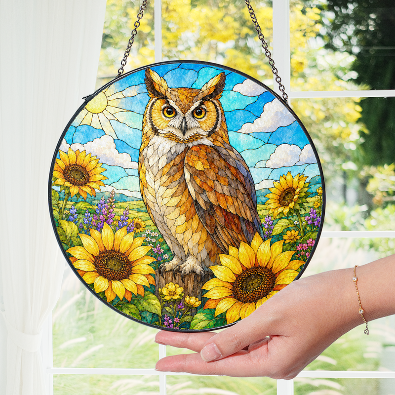 Sunflower Owl Stained Glass Suncatcher, Window Hanging Decor, Gift for Owl Lovers