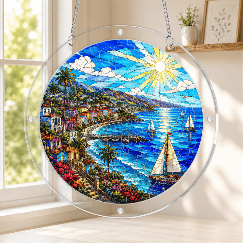 Mediterranean Coast Acrylic Puzzle Suncatcher, Sailboat Window Decor, Beach Lover Gift