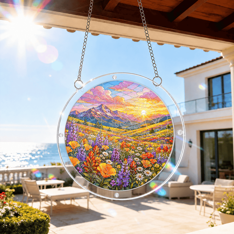 Mountain Wildflower Meadow Acrylic Puzzle Suncatcher, Sunset Window Decor, Nature Lover Gift