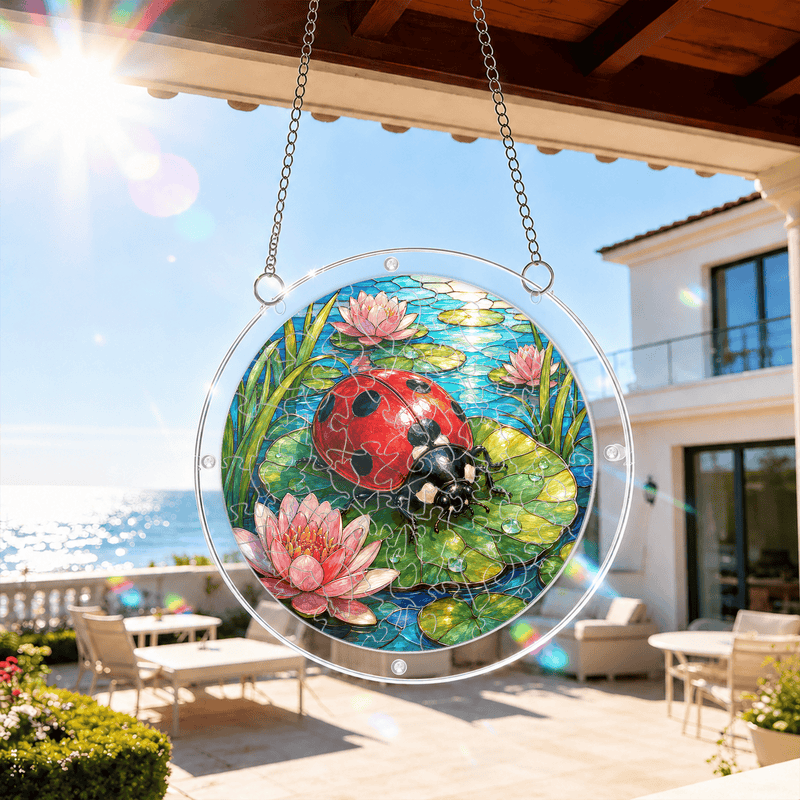 Ladybug Lotus Acrylic Puzzle Suncatcher, Window Hanging Decor, Gift for Nature Lovers