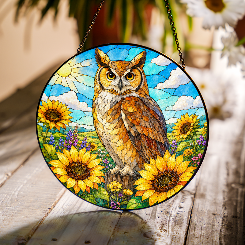 Sunflower Owl Stained Glass Suncatcher, Window Hanging Decor, Gift for Owl Lovers