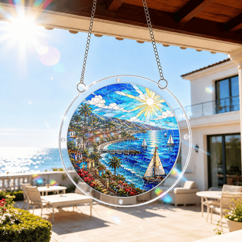 Mediterranean Coast Acrylic Puzzle Suncatcher, Sailboat Window Decor, Beach Lover Gift