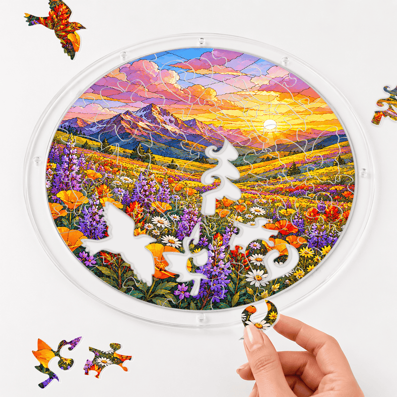 Mountain Wildflower Meadow Acrylic Puzzle Suncatcher, Sunset Window Decor, Nature Lover Gift