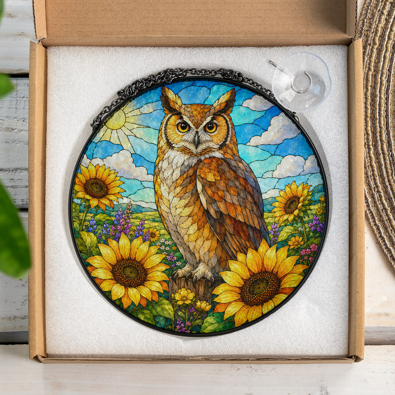 Sunflower Owl Stained Glass Suncatcher, Window Hanging Decor, Gift for Owl Lovers