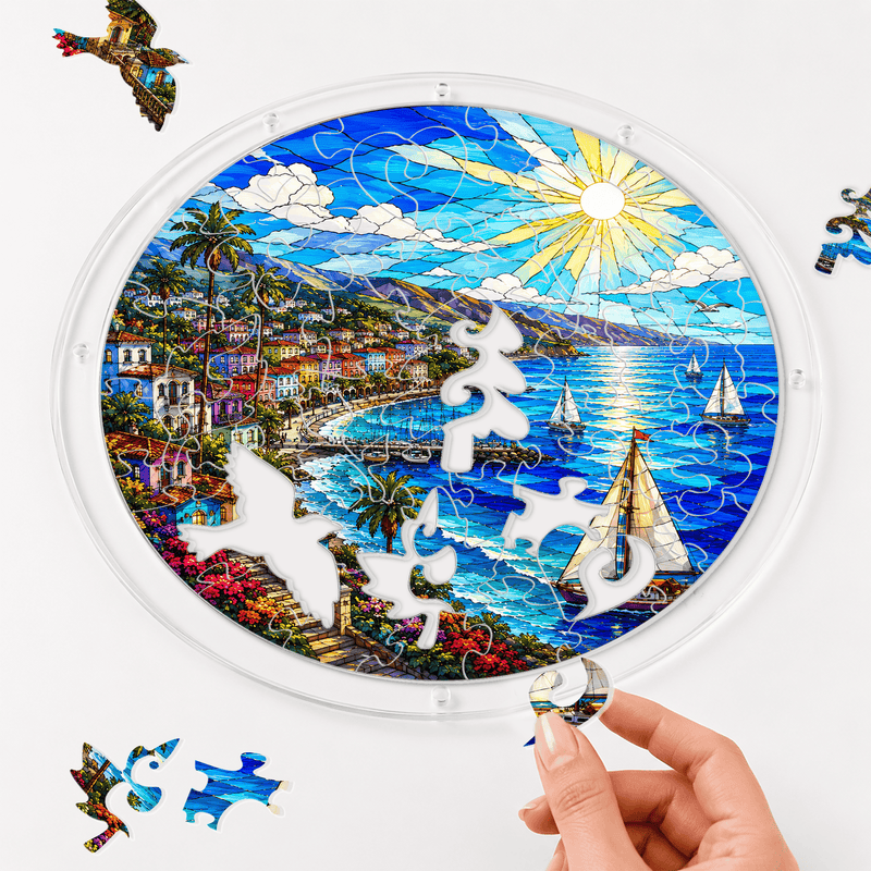 Mediterranean Coast Acrylic Puzzle Suncatcher, Sailboat Window Decor, Beach Lover Gift