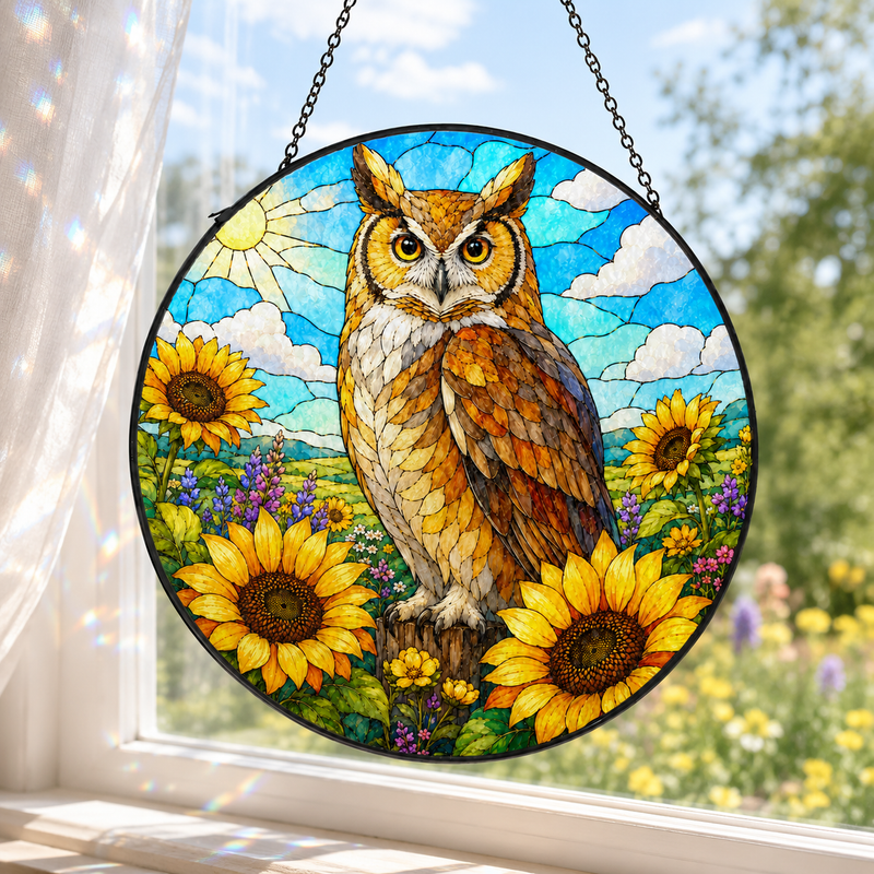 Sunflower Owl Stained Glass Suncatcher, Window Hanging Decor, Gift for Owl Lovers